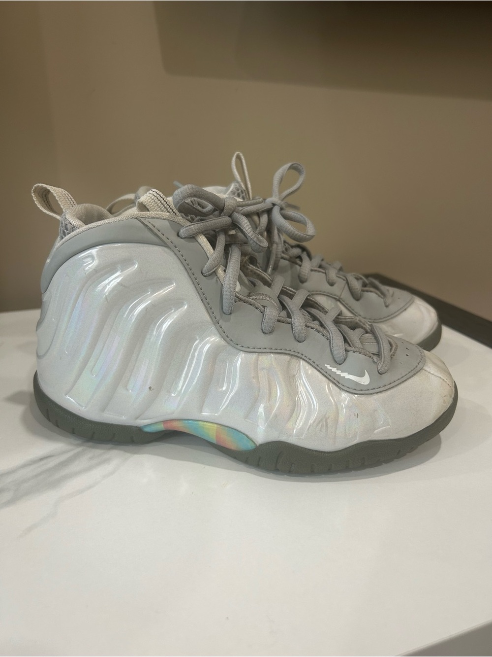 Nike Little Posite One Foamposite Kids 1Y Iridescent White Grey Sneakers